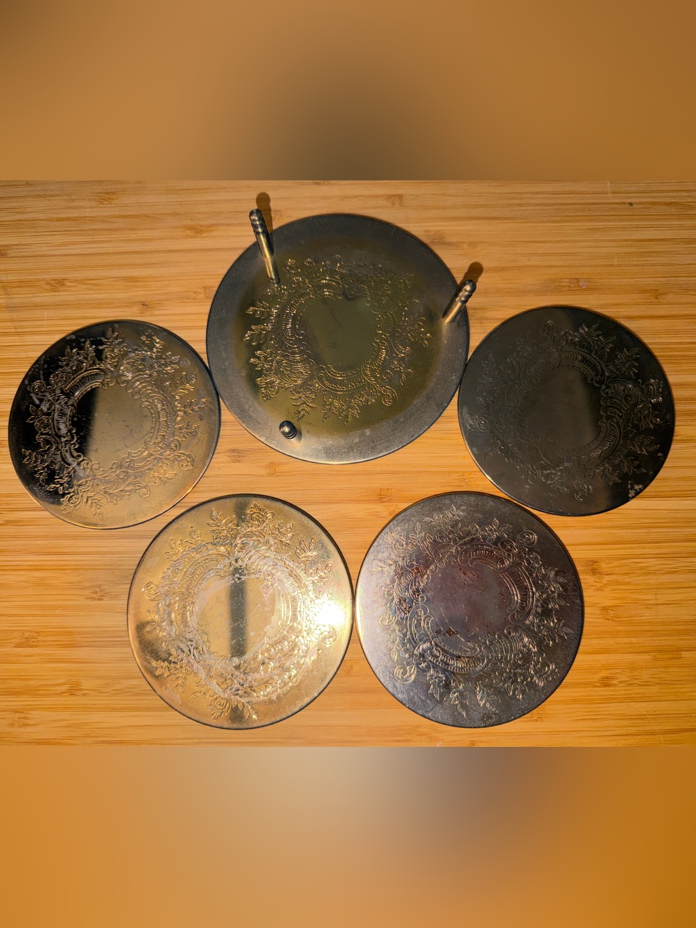 Vintage Etched Silver Plated Coaster Set with Footed Caddy Holder